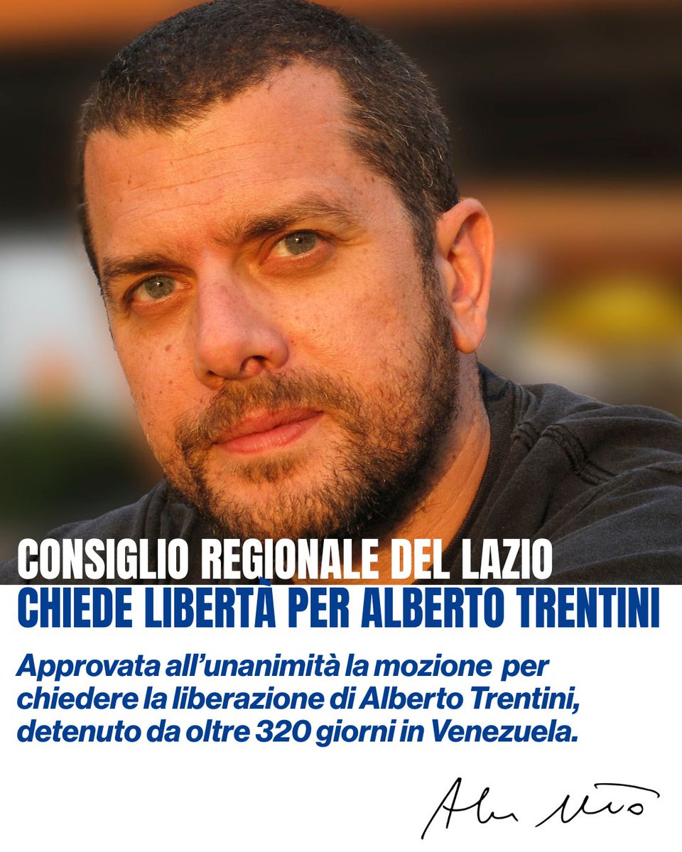 Oggi il Consiglio regionale del Lazio ha approvato all’unanimità la mozione per chiedere la libertà di Alberto Trentini, detenuto da 320 giorni in Venezuela senza accuse. Dobbiamo tenere alta l’attenzione e spingere il Governo ad agire con determinazione. #LiberateAlbertoTrentini