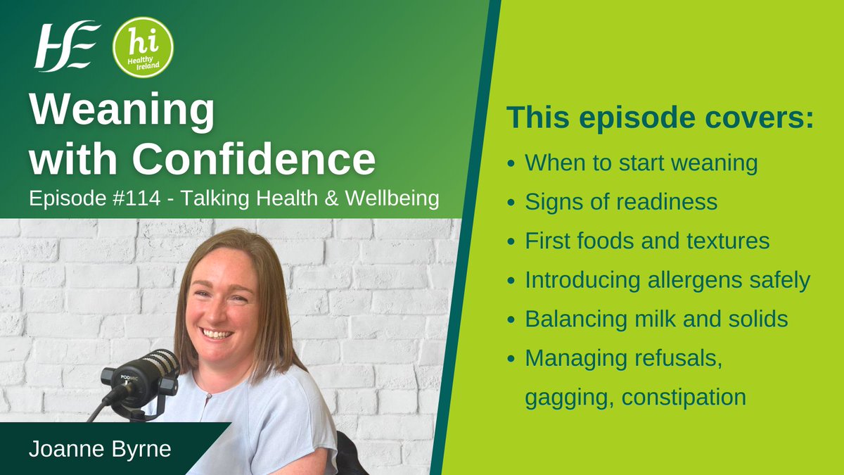 HsehealthW's tweet photo. On this week's episode of the HSE #TalkingHealthandWellbeing podcast, we discuss weaning basics with HSE dietitian Joanne Byrne. When to start, signs of readiness, first foods, textures, allergens, and what to avoid. Listen to hear practical tips on responsive feeding, balancing milk and solids, and handling refusals, gagging, and constipation. https://t.co/UqBn7QZDaY