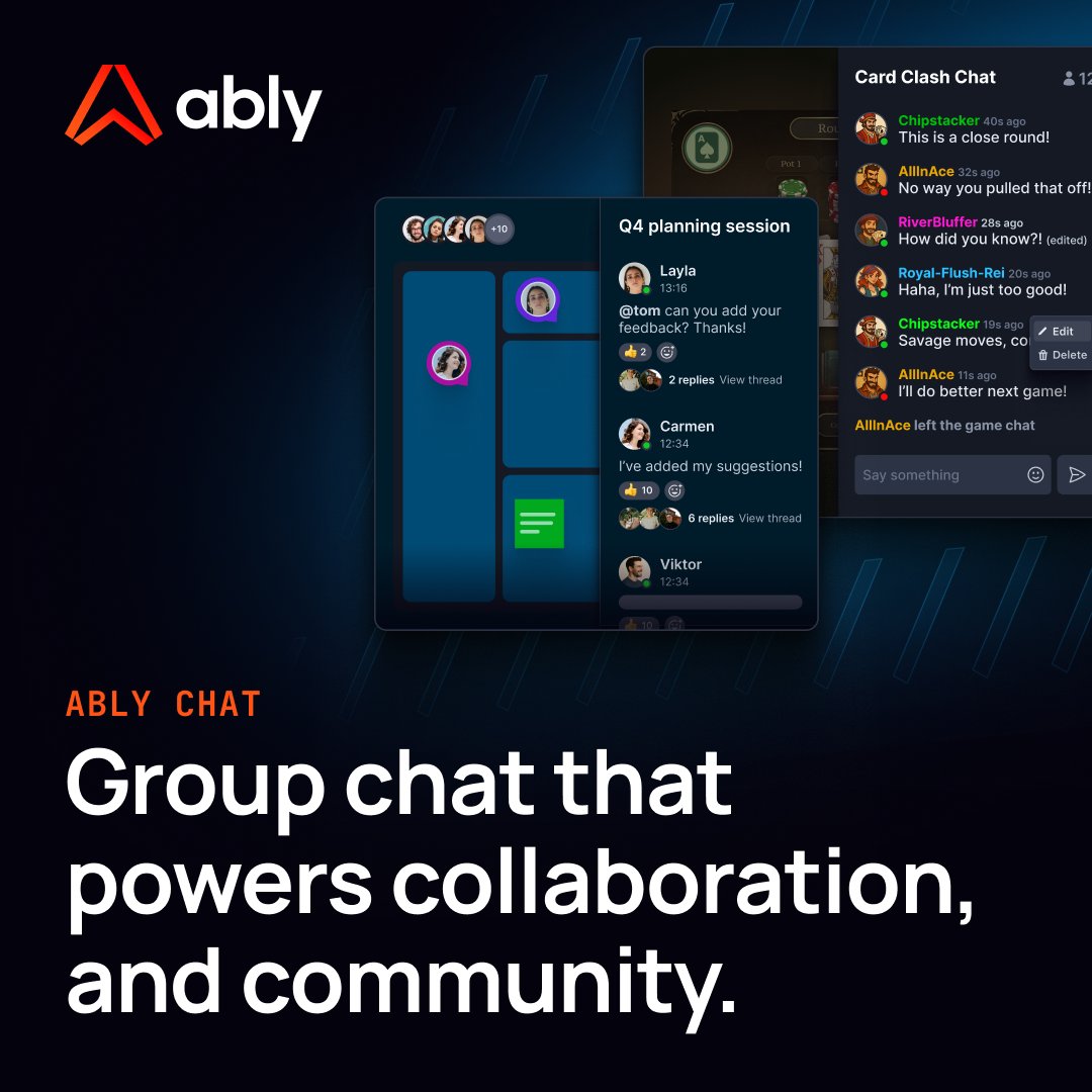 Group chat shouldn’t collapse when your audience grows. Ably scales to millions of users with 100% uptime, global routing, and &lt;36ms median roundtrip latency - so your chat works.
Find out more 👉 ably.com/group-chat