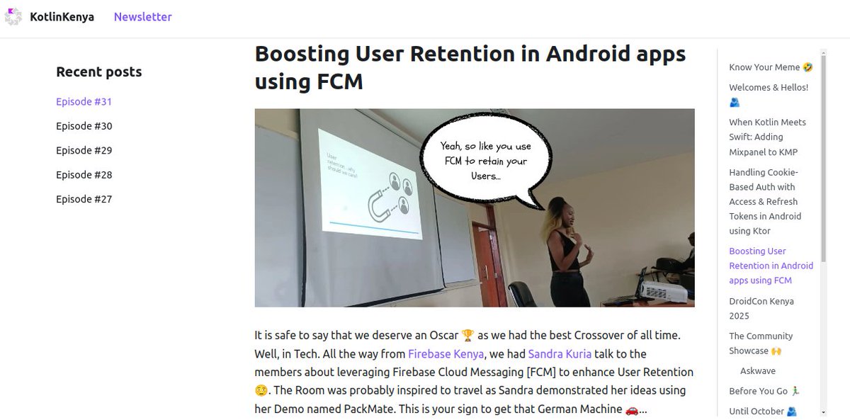 sandykuria's tweet image. Last week, I had the pleasure to give a talk at @254androiddevs 🎉
I spoke on Boosting user retention in android apps using Firebase Cloud Messaging. Really excited to have done it and glad everyone liked it!
Also loved that I popped up in their monthly newsletter🔥😂