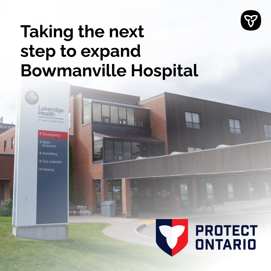 ONThealth's tweet image. Ontario is taking the next step to expand and revitalize Bowmanville Hospital, as part of the government’s plan to connect families in Durham Region to the care they need, when they need it.