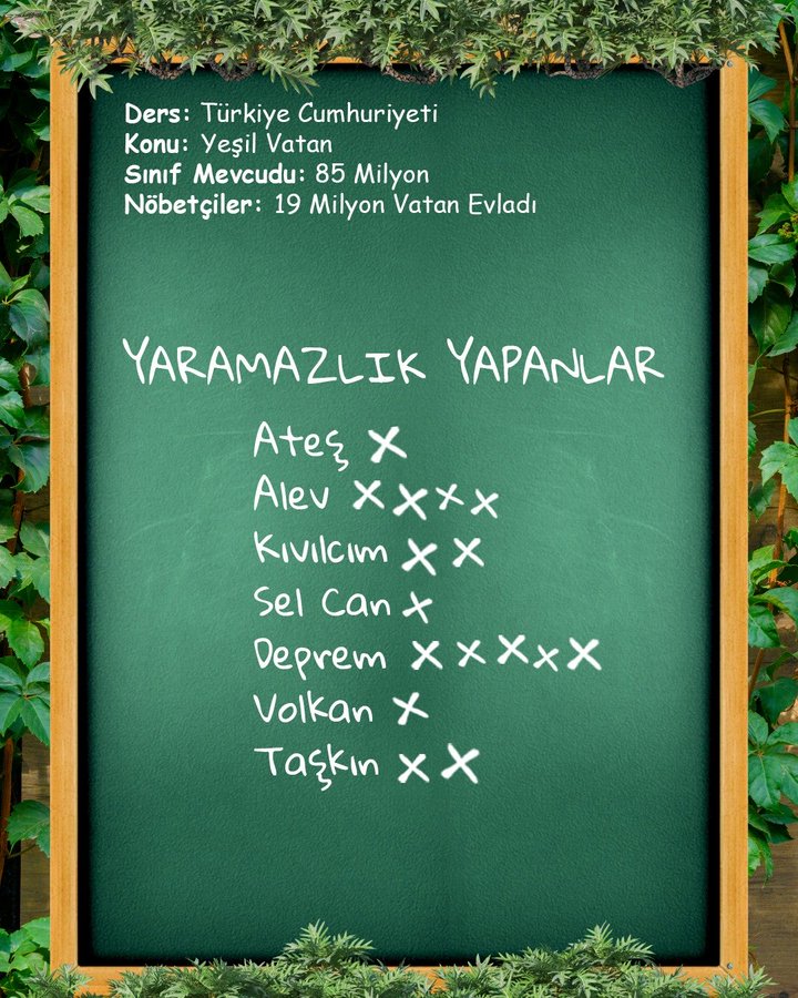 A green chalkboard with leafy borders. White text lists details: Ders: Türkiye Cumhuriyeti, Konu: Yeşil Vatan, Sınıf: 5 Milyon, Mevcut: 85 Milyon, Nöbetçiler: 19 Milyon Vatan Evladı. Below, the title "YARAMAZLIK YAPANLAR" is written, followed by a list: Ateş ×, Alev ×××, Kivi ×××, Sel Can ×, Deprem ××××, Volkan ×, Taşkın ××.
