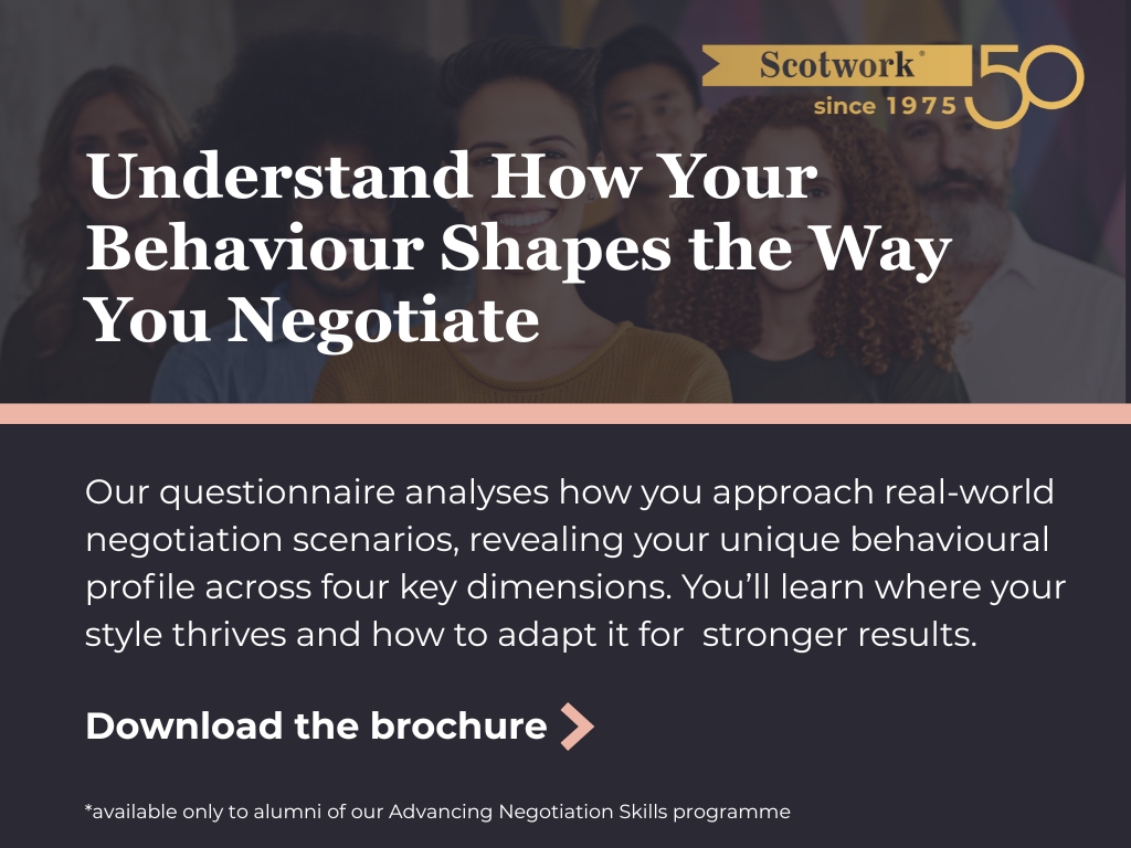 Exclusively for Advancing Negotiation Skills programme alumni, our new Behaviour Preferences Report reveals how you naturally approach negotiation across four key dimensions.

Find out more!: lnkd.in/d5862dNQ