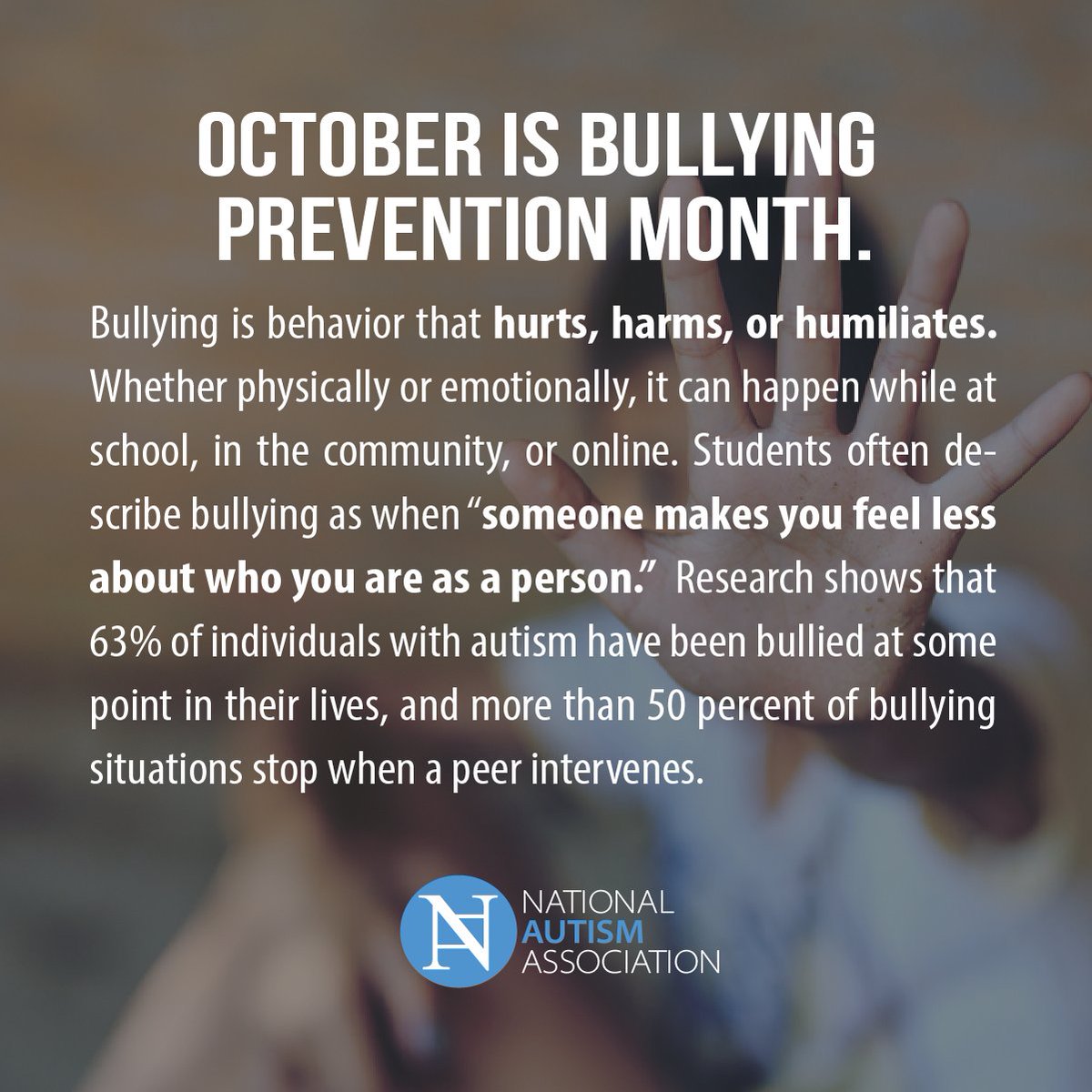 Research shows that 63% of individuals with #autism have been bullied at some point in their lives, and more than 50% of bullying situations stop when a peer intervenes.

Prevention tips: nationalautismassociation.org/wp-content/upl… 

#BullyingPreventionMonth