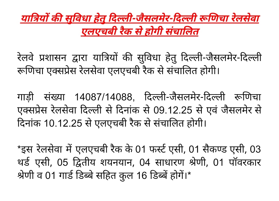 यात्रियों की सुविधा हेतु दिल्ली-जैसलमेर-दिल्ली रूणिचा रेलसेवा एलएचबी रैक से होगी संचालित
<a href="/NWRailways/">North Western Railway</a>