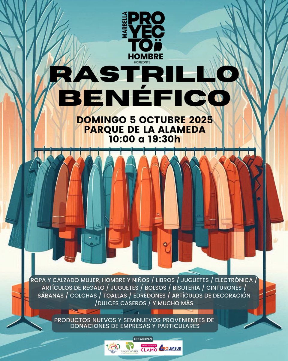 El próximo domingo 5 de octubre, desde las 10:00h hasta las 19:30h, Horizonte Proyecto Hombre volverá a llenar de solidaridad el Parque de la Alameda de Marbella con una nueva edición del Rastrillo Benéfico.

Más info: bit.ly/46LGuyJ