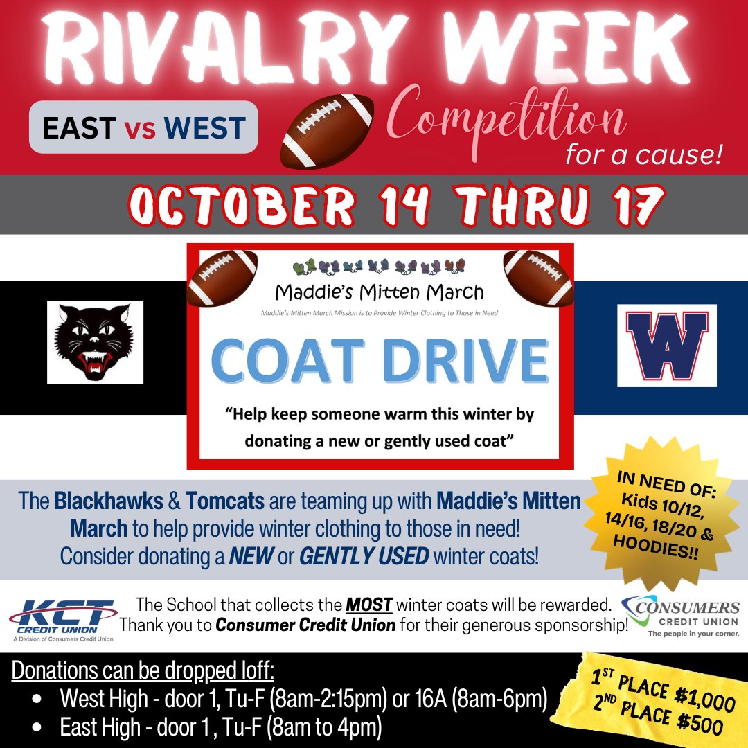 🔥 Rivalry Week 2025 is BACK!
But this time, East &amp; West Aurora are teaming up off the field for a friendly competition — all for a great cause!🧤 Winter Gear Drive | Oct. 14–17
Let’s turn this rivalry into something bigger than the game — let’s make a difference together! 💙❤️