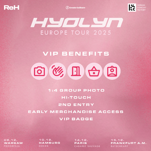 kpopconcertseu's tweet photo. Hyolyn is coming this December.
We are in for a party with all these tours popping off at the end of the year.
Warsaw, Paris, Hamburg & Frankfurt are on the list:
Ticket sale: Oct 10th (FRI) 12PM CEST
#kpopconcert #kpop #koreanpartyfactory #kpopineurope #kpopingermany #hyolyn https://t.co/eQlRngBZxC