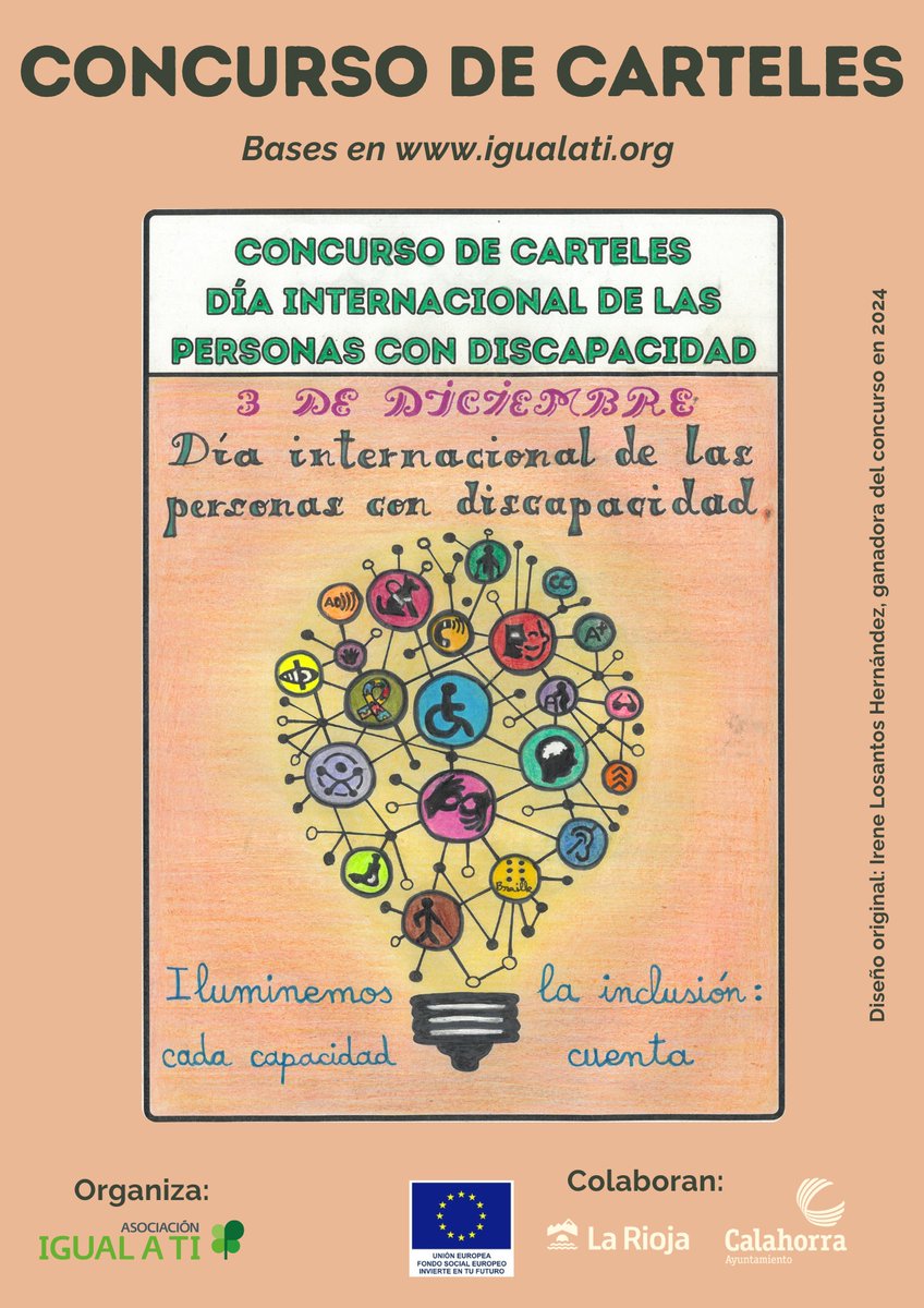 Una de nuestras entidades miembro,
<a href="/asocigualati/">IGUAL A TI</a>,
organiza una nueva edición 
del concurso de carteles 
con motivo del Día Internacional 
de las Personas con Discapacidad. 

📆Te animamos a participar 
hasta el 17 de noviembre. 
📌Puedes ver las bases en: bit.ly/4nDsLBq