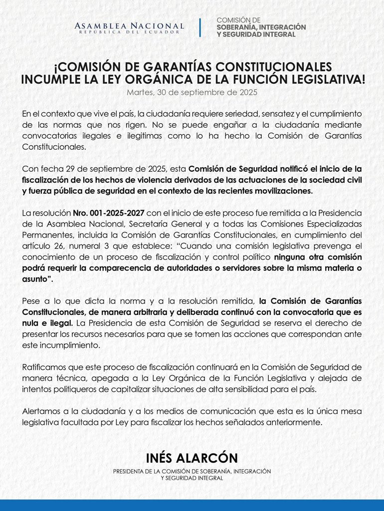Ilegal es que la mayoría oficialista de la Comisión de Seguridad y Soberanía pretenda bloquear a otra comisión para que no se escuche a las víctimas. Como ya es costumbre, confunden las leyes y el reglamento. Fiscalizar no es ilegal. Ilegal es reprimir, ilegal es silenciar al