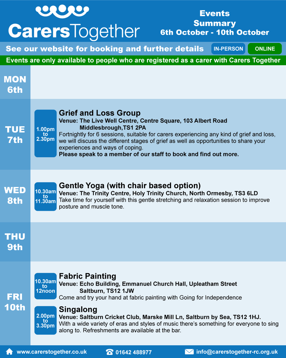 A summary of the events and groups on at Carers Together next week
- beginning 6th October.
For further information and to book onto an event visit our website at carerstogether.co.uk/events/
