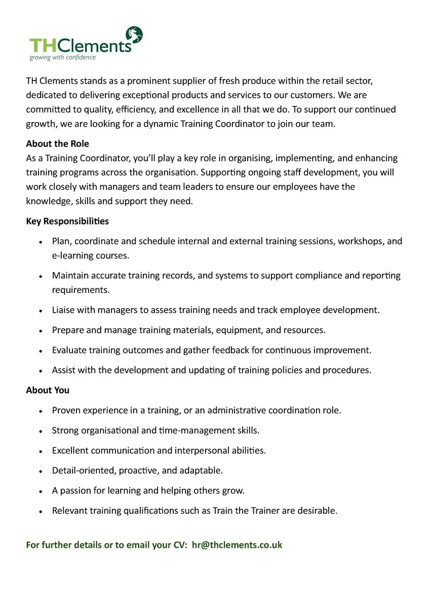 Hiring Now | Training Coodinator  Please share to help us find the ideal candidate.        

See our vacancies page on our website for more details on how to apply and other positions available. 

thclements.co.uk/our-company/va…