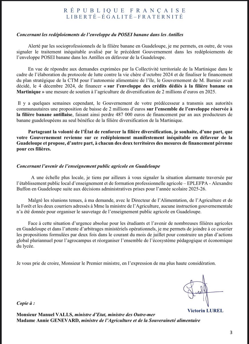 🚨Alerte sur l’agriculture guadeloupéenne en péril 🚨

Sur ce dossier capital, face au silence entretenu par l’Etat et aux inquiétudes légitimes des filières, j’ai écrit lundi au <a href="/gouvernementFR/">Gouvernement</a> pour la 3e fois depuis juillet :

1️⃣ sur le dangereux projet porté par la Commission
