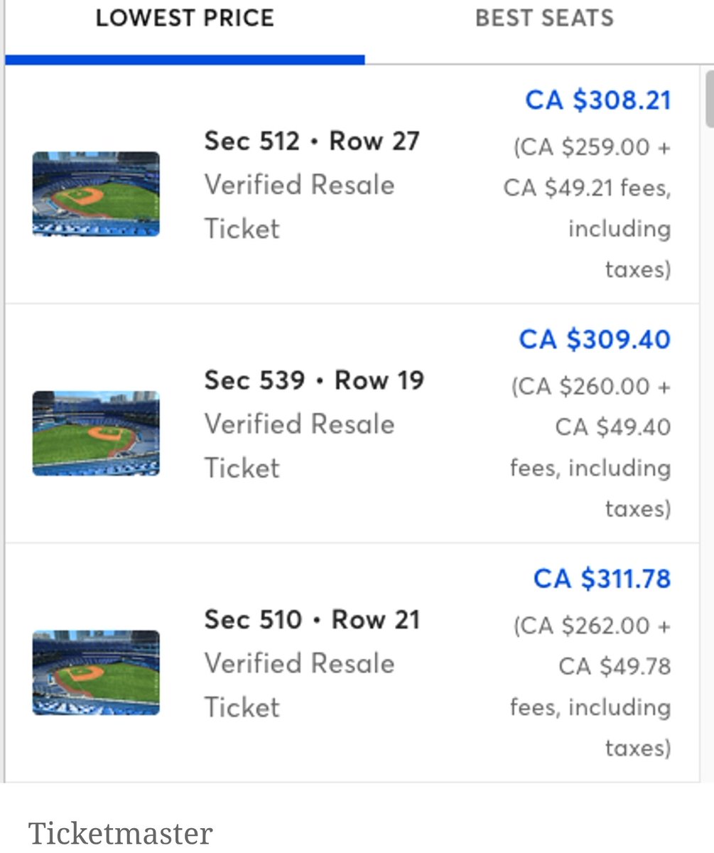 BlueJayCentral's tweet photo. The cheapest tickets available on ticketmaster for the ALDS are $308 in the 500 section. https://t.co/D2kmp0UVoA