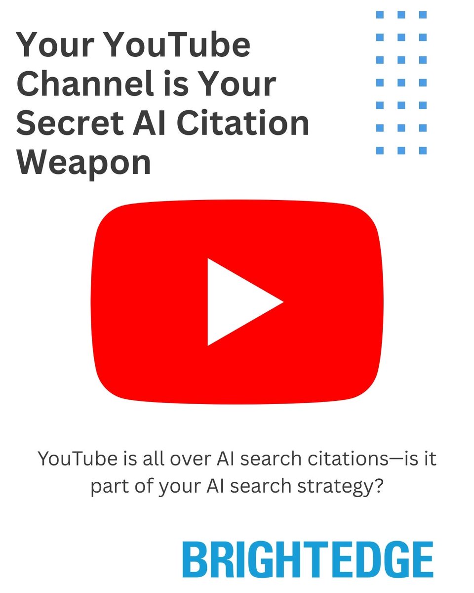 jimyu's tweet image. 1/6 🎯 YOUR YOUTUBE CHANNEL IS YOUR SECRET AI CITATION WEAPON
YouTube is a massive component of AI search citations!
Here&apos;s how to turn your YouTube into an AI visibility machine 👇
#AISearch #YouTube #BrightEdge