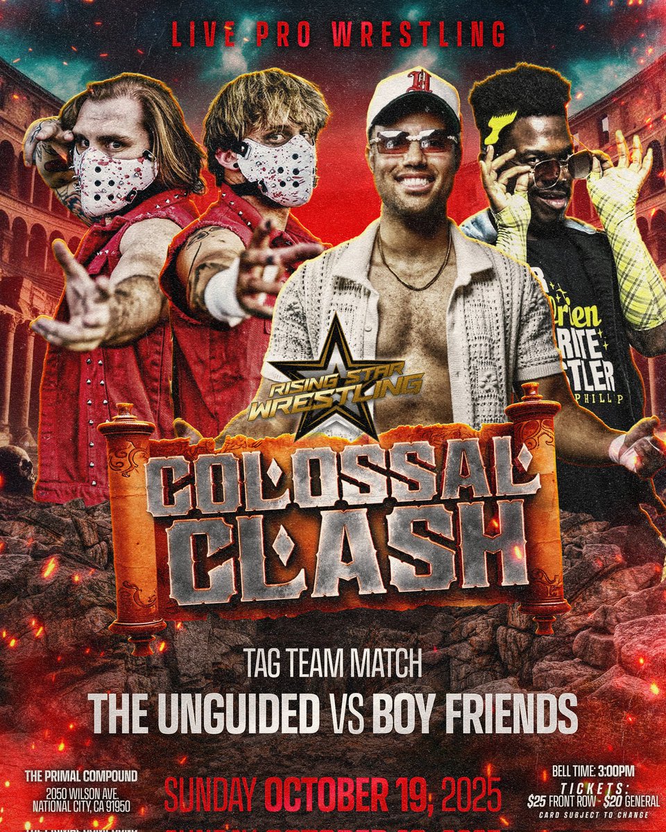 🚨LIVE PRO WRESTLING🚨

Rising Star brings a tag team clash as The Unguided return to San Diego to take on the team of Xander Phillips and Jesus Garcia, the Boy Friends.
—
events.humanitix.com/colossal-clash/