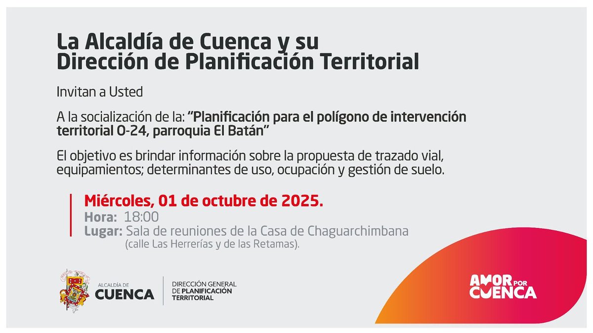 PlanificacionCu's tweet photo. 🔊 ¡Atención El Batán! 🏘️
Tu voz decide el futuro del barrio.

📍 Socialización Planificación Territorial O-24
✔️ Vías
✔️ Equipamientos
✔️ Uso del suelo

👂 Ven, infórmate y participa.
#CuencaParticipa #ElBatánSeInforma ❤️💛 https://t.co/p2eMgZQqjt