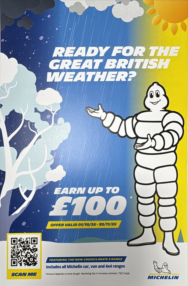 ivankerrtyres's tweet photo. The Michelin Man is back with cold hard cash in his pocket!

Claim up to £100 cashback on Michelin tyres this October and November.

See in store for more details.

#carrickfergus #bangorni #northernireland #michelin #tyresafety https://t.co/WAkrHbKx6q