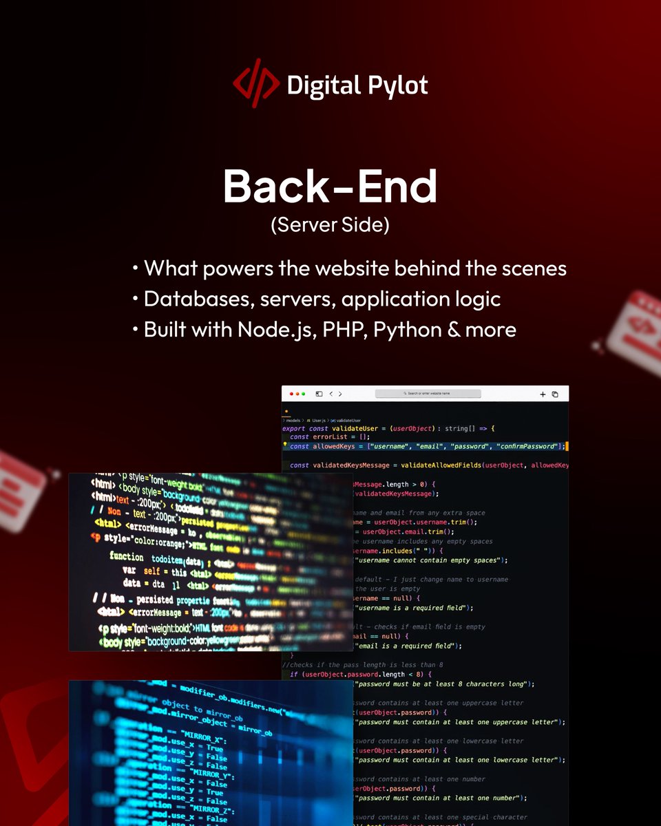 Digitalpylot's tweet image. Every great website has two heroes: the Front-End you see and the Back-End that makes it all run.
At Digital Pylot, we bring both together to design, develop, and deliver websites that don’t perform flawlessly.
#DigitalPylot #Frontend #Backend #WebDevelopment #CleanCode