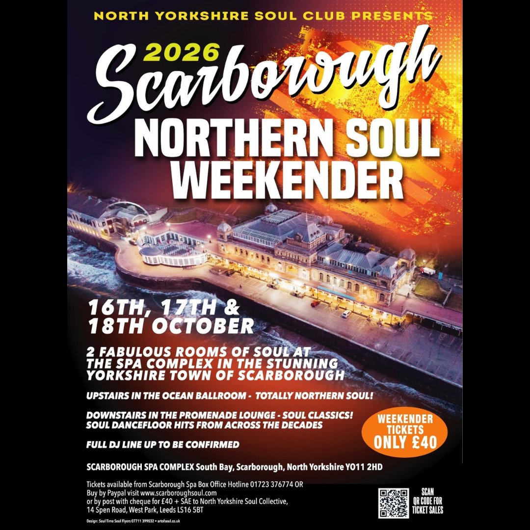 The 2025 Scarborough Spa Northern Soul Weekender gets underway tomorrow!

✊ Secure your place for next year as tickets are 𝐍𝐎𝐖 on sale for the 2026 event!

📆 16th - 18th October 2026
🔗 tinyurl.com/5dhzjhwy or 📲 01723 376774
