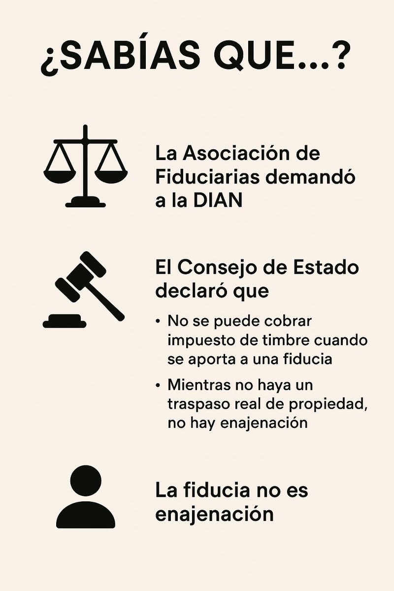 📌 ¿Sabías que…?
El Consejo de Estado anuló los conceptos de la DIAN que calificaban como enajenación el aporte de inmuebles a una fiducia mercantil.

🔎 La Sala concluyó que dicha transferencia no constituye enajenación y, por tanto, no genera impuesto de timbre, salvo cuando