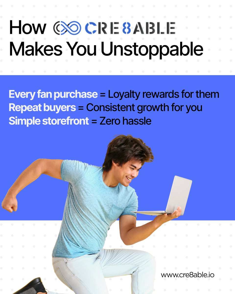 cre8ableio's tweet photo. Most platforms take.
Cre8able gives back. 💡
Every time your fans buy your merch, they earn loyalty rewards.
When they win, you win — with repeat buyers and unstoppable growth.

🚀 Build. Sell. Reward. Be unstoppable.
🔗 Set up your store today — LINK IN BIO https://t.co/SjhGt0rumX