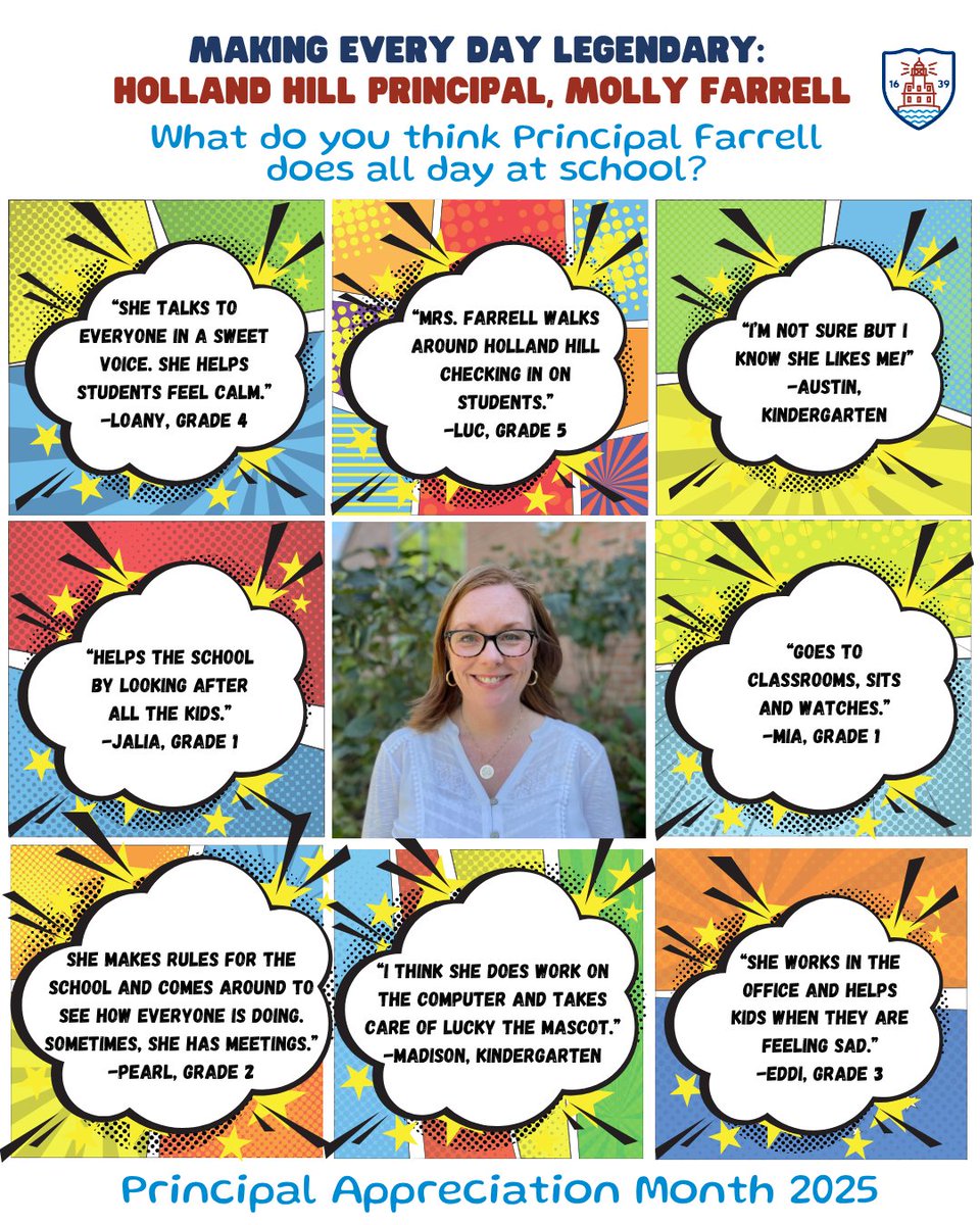 To celebrate National Principals Month, we asked students what their principals do every day. This October, we’re featuring all our FPS principals, the everyday superheroes who make our schools amazing! Today we celebrate Holland Hill Principal Molly Farrell. <a href="/HollandHillElem/">Mrs. Farrell</a>