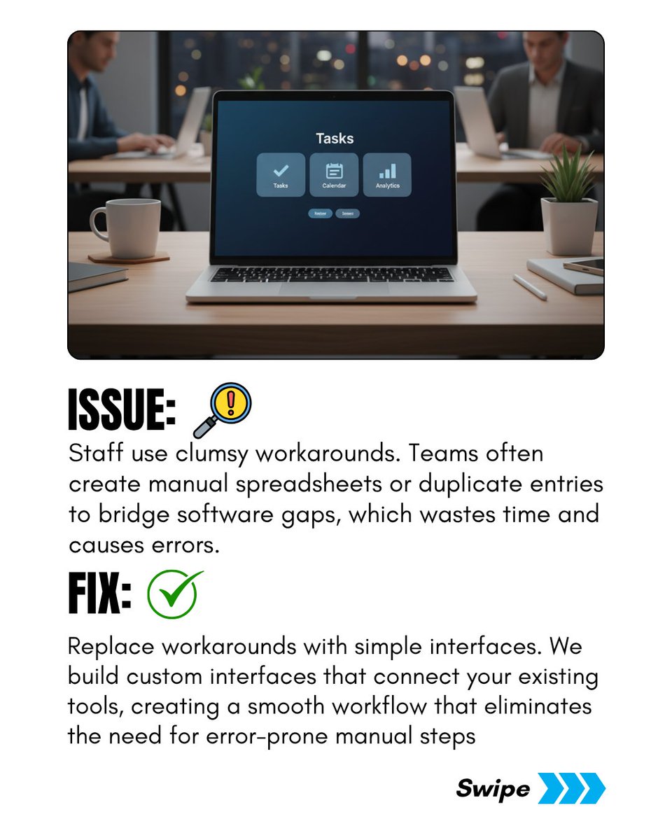 merto_software's tweet image. Is your software slowing you down?
You don’t always need a rebuild—just smarter upgrades.
4 ways to boost what you already have
1️⃣ Add automation layers
2️⃣ Replace clunky workarounds
3️⃣ Use live dashboards
4️⃣ Roll out new features in phases
#MertoSolutions #SoftwareOptimization