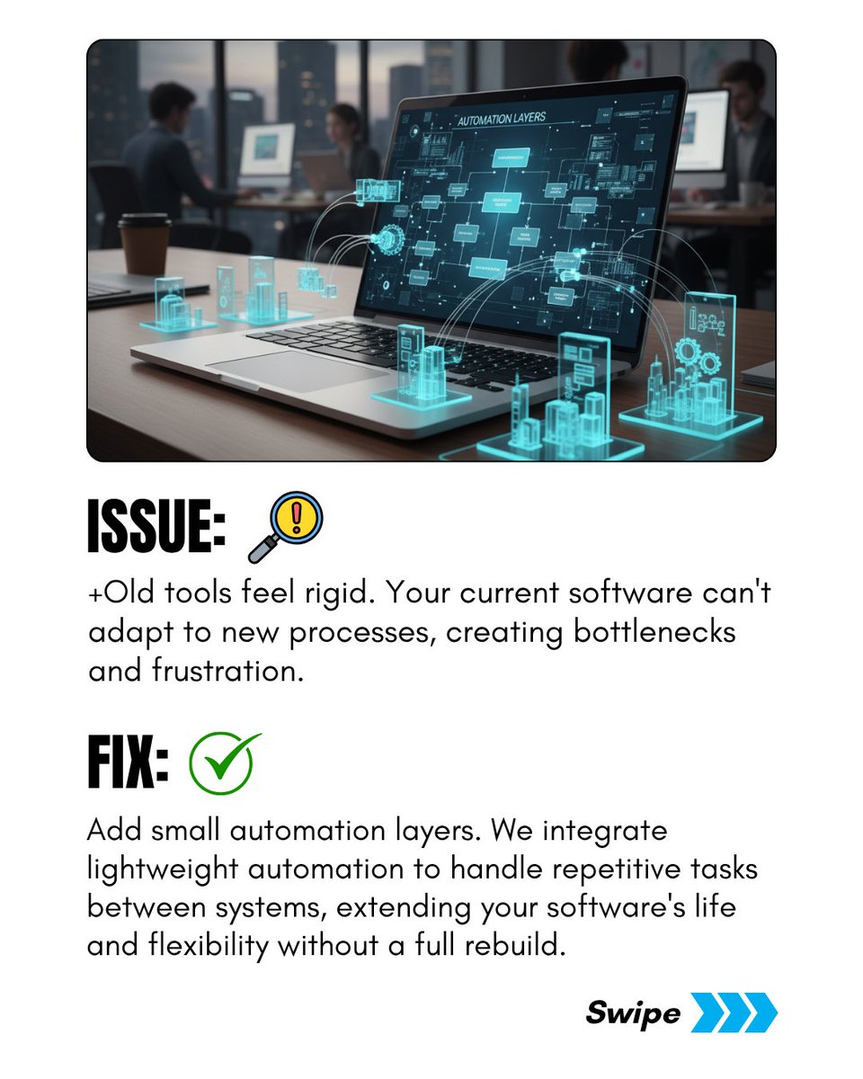 merto_software's tweet image. Is your software slowing you down?
You don’t always need a rebuild—just smarter upgrades.
4 ways to boost what you already have
1️⃣ Add automation layers
2️⃣ Replace clunky workarounds
3️⃣ Use live dashboards
4️⃣ Roll out new features in phases
#MertoSolutions #SoftwareOptimization