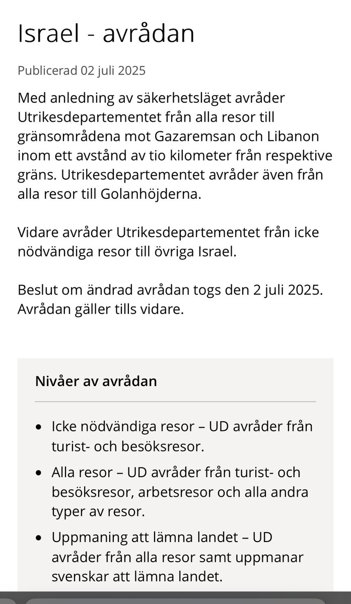 susengstad's tweet photo. @alicemedce Utrikesdepartementet avråder att resa till Israel dessutom,,, https://t.co/EXebZqm2XI