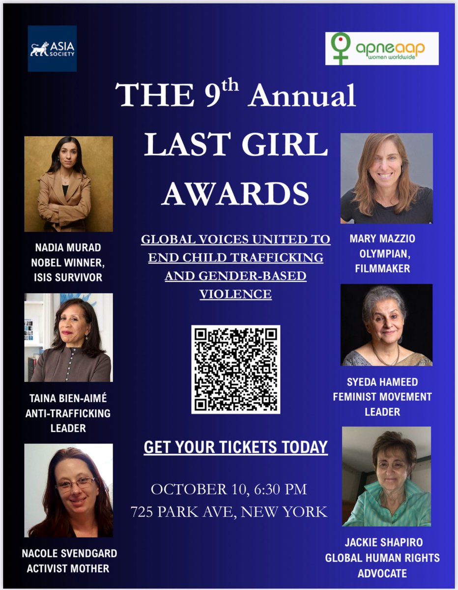 🌹 Dear friends,
On October 10 at 6.30 pm in Asia Society in New York, some of the bravest voices will gather: an ISIS survivor who became a Nobel Peace Laureate, an Olympian who turned to film to fight injustice, a mother who saved her daughter from traffickers on the dark web…