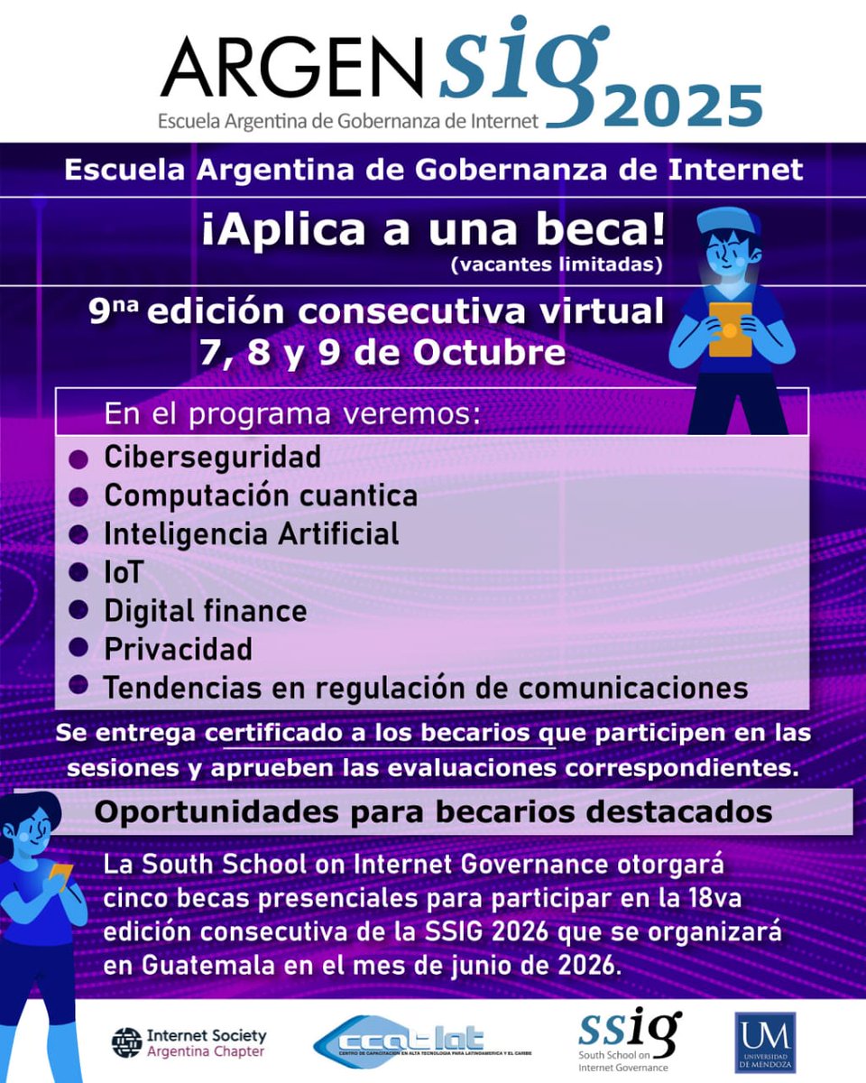 ¡Ésta es tu oportunidad! La Escuela Argentina de #Gobernanza de #Internet (<a href="/argensig/">ARGENSIG</a>) te invita a su 9° edición consecutiva 2025 en formato virtual, los días 7, 8 y 9 de octubre. 🔗 Aplica a una beca ingresando en este link: docs.google.com/forms/d/e/1FAI…

🎁 <a href="/SSIGLAC/">SSIGLAC</a> otorgará 5 becas