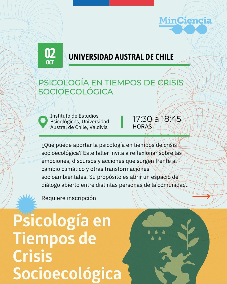 Te invitamos al taller:

“Psicología en tiempos de crisis socioecológica” 
Un espacio para reflexionar, compartir y conectar con personas que, al igual que tú, se preguntan qué puede aportar la psicología frente a los desafíos de la crisis socioecológica.