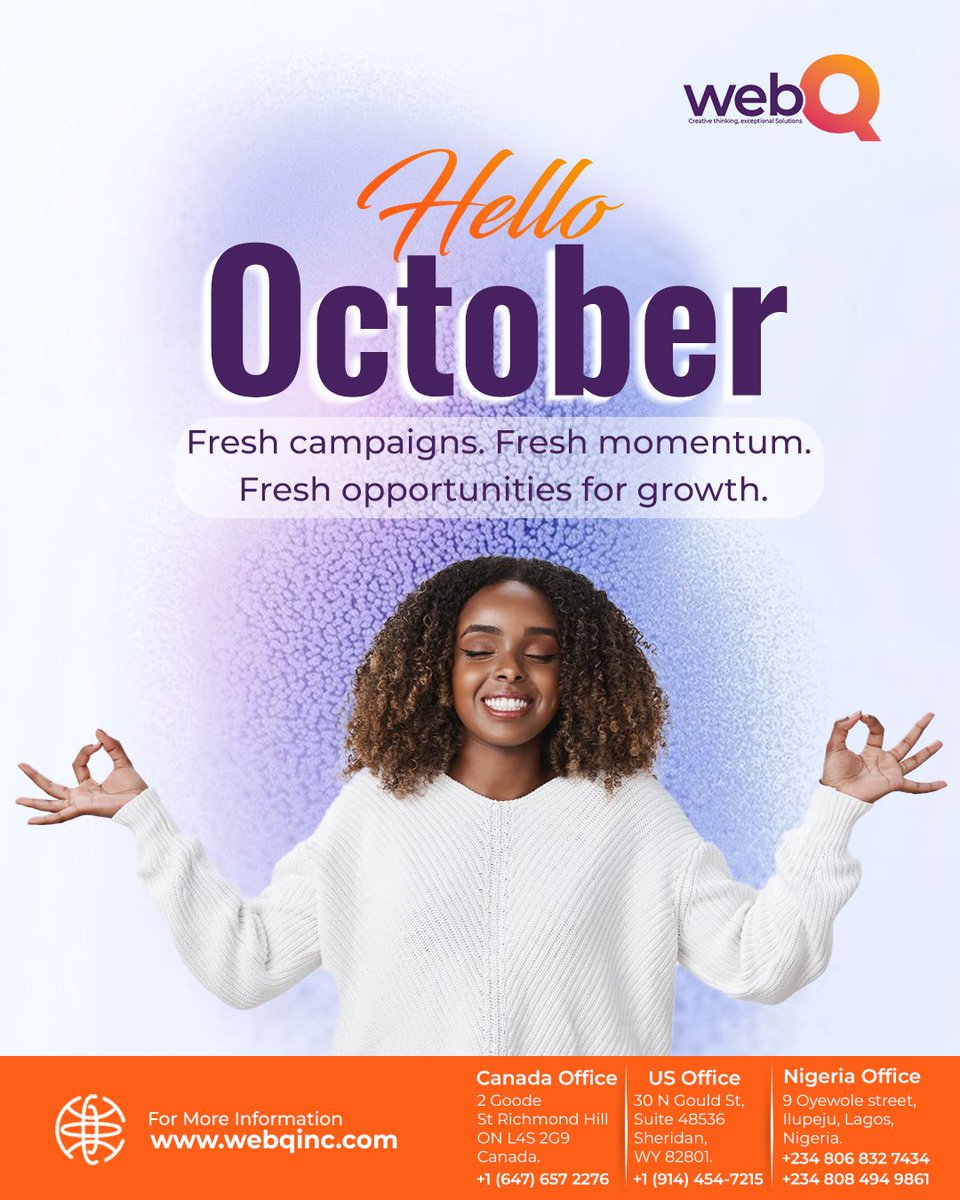 WEBQInc's tweet image. Hello October.
A new month to reset, refocus, and move closer to your business goals.

Growth happens when strategy meets execution, and this month we are ready to help brands make both work together.

What’s the one win you’re chasing in October?

 #HelloOctober #WebQ