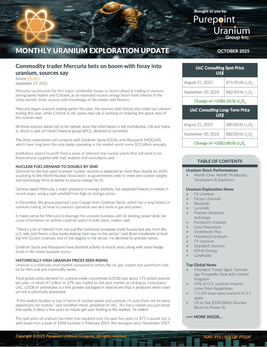 October's Uranium Exploration Update Newsletter is now available, gathering information on what's happening with #uranium exploration companies, including its monthly exploration news, stock performances as well as the spot and long-term uranium prices
purepoint.ca/wp-content/upl…