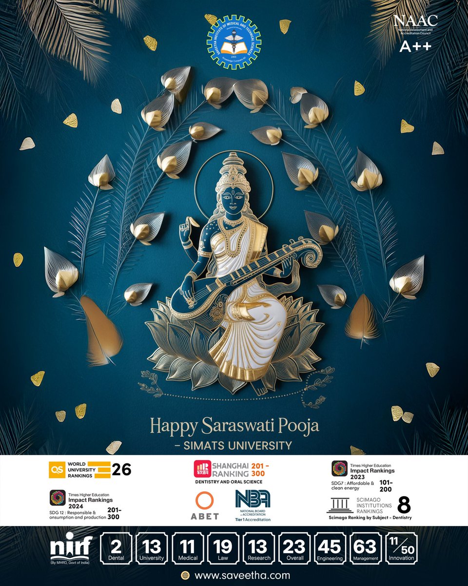 PhdSaveetha's tweet image. Saveetha Institute of Medical and Technical Sciences (SIMATS) wishes you and your family a happy and divine Saraswathi Pooja. Lets learn always with the grace of Saraswathi ma 🙏