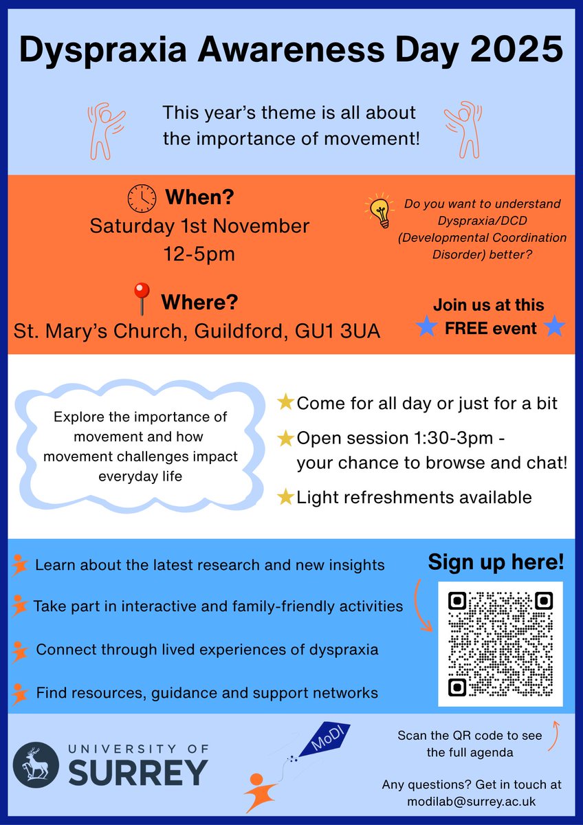 MoDILab_Surrey's tweet image. 🌞Dyspraxia Awareness Day 2025🌞
📅Saturday 1st November
🕑12-5pm
📍Guildford
➡️Register for FREE: eventbrite.com/e/171636690260…

Come join us at this community event to learn about the latest research, take part in activities and connect with others #Dyspraxia #DCD #Research #Movement