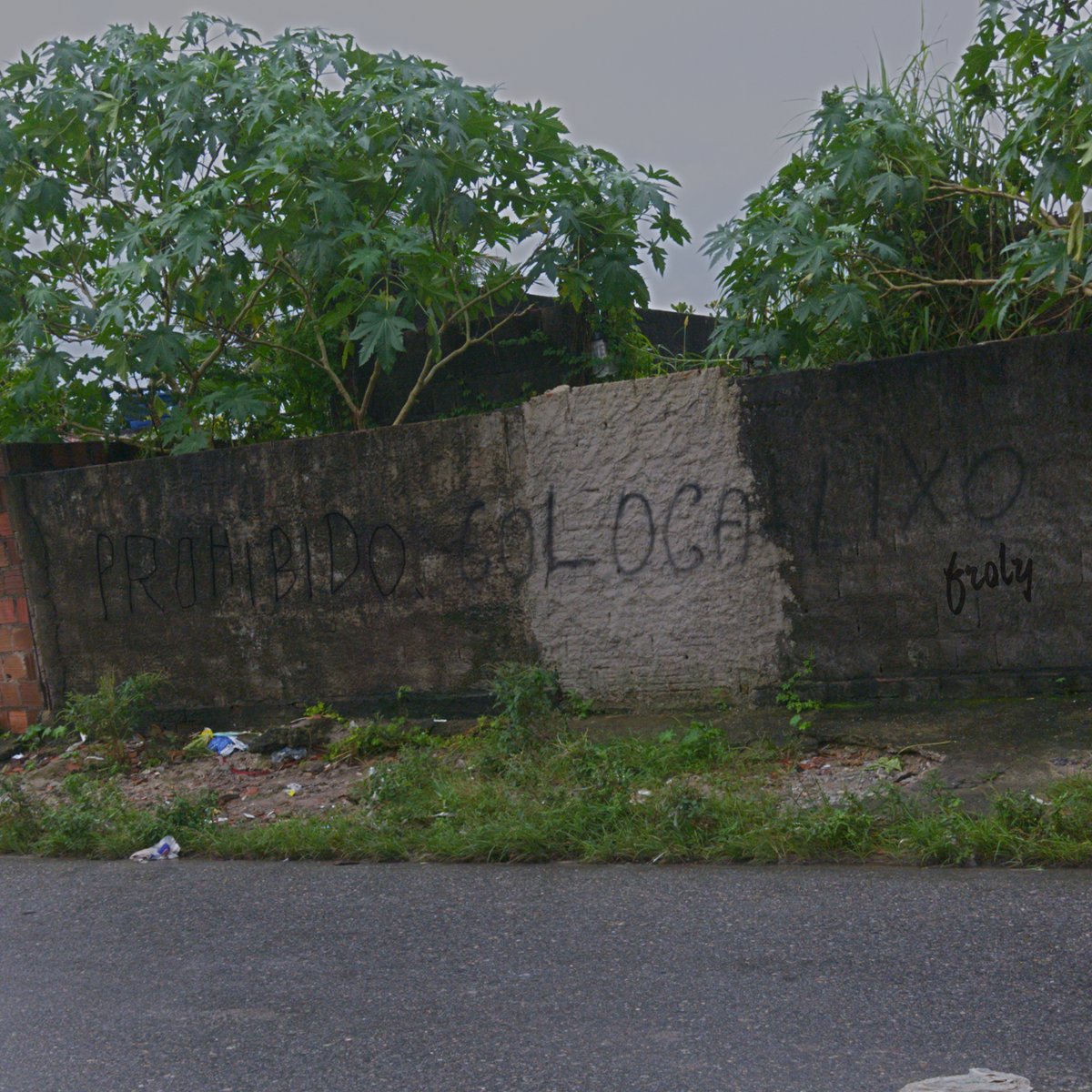 sammyrossel's tweet photo. esse muro tá escrito "PROHIBIDO." aí diz: "COLOCA LIXO".

é o oposto do que devia estar escrito. tá proibido, e tá pedindo pra colocar lixo.

e também é o nome do álbum de lofi do projeto froly, trabalho meu, e vocês deviam ouvir. tem em todos os apps, coloca lá: "prohibido coloca lixo froly" que vocês acham.