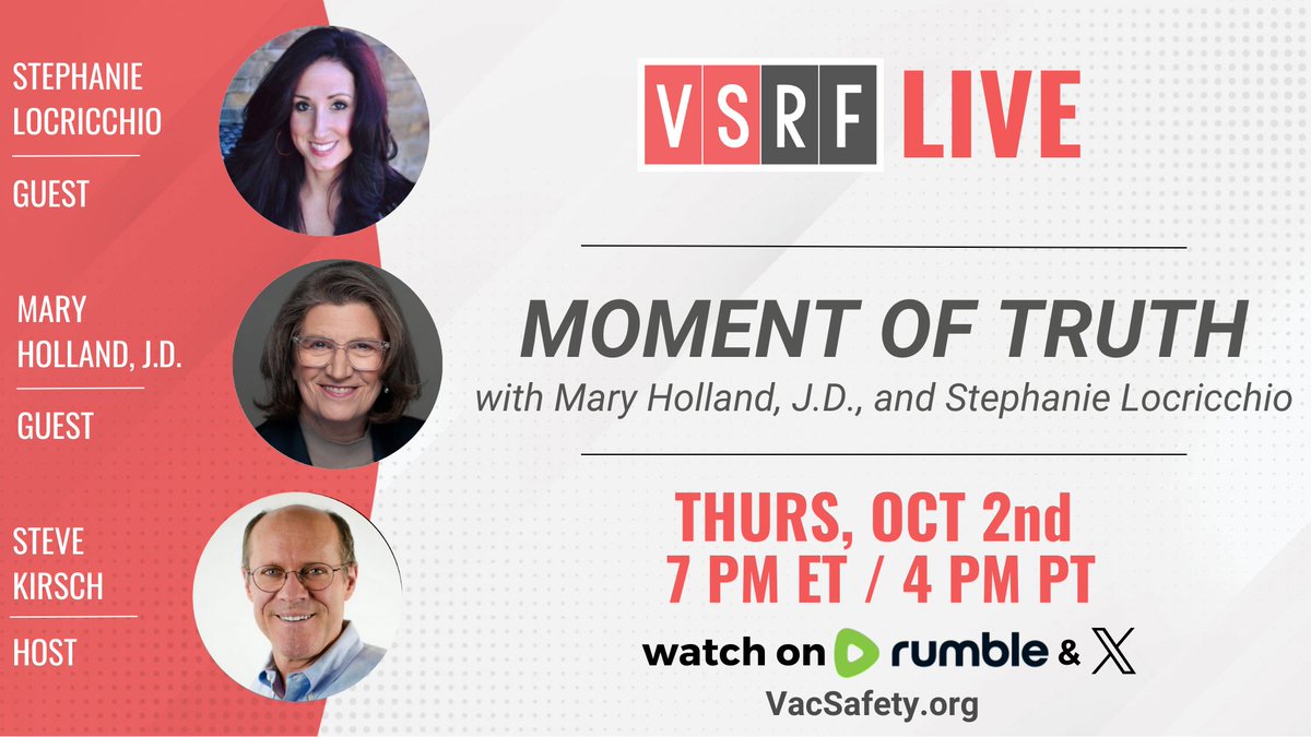 🚨 LIVE this Thursday on #VSRFLive 🚨

Mary Holland, Esq., CEO of <a href="/ChildrensHD/">Children’s Health Defense</a>, &amp; Stephanie Locricchio, Dir. of Advocacy &amp; Outreach, join us to go behind the scenes at CHD + preview the “Moment of Truth” Conf. (Nov 7–9, Austin).

📅 Thurs | 7pm ET
📺 Live on Rumble &amp; X --