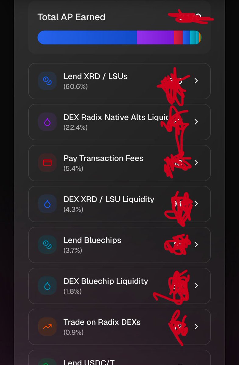 Got smart last week and significantly boosted my SP on the Radix incentives campaign by participating in every DeFI activity category. Even small participation in each made a huge difference rather than maximizing one category. $XRD airdrop incentives.radixdlt.com/?ref=4a995c