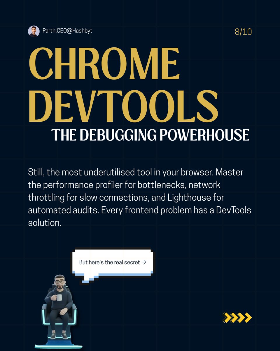 hashbyt's tweet image. 7/ Chrome DevTools: The most underrated powerhouse. Master performance profiling, network throttling, and Lighthouse audits to solve any frontend issue.   #ChromeDevTools