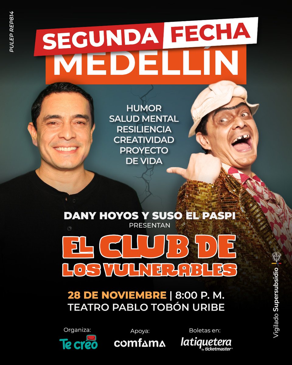 LOS AMOOOOOO!! Agotamos boletería para la función del 27 de noviembre en MEDELLÍN, así que abrimos una segunda fecha junto a <a href="/AlegandroHoyos/">Alejandro Hoyos Sucerquia</a> de #ElClubdelosVulnerables el 28 de noviembre en el <a href="/Teatropablot/">Teatro Pablo Tobón Uribe</a>. Las bosletas las consiguen en latiquetera.com/site/suso-el-p…