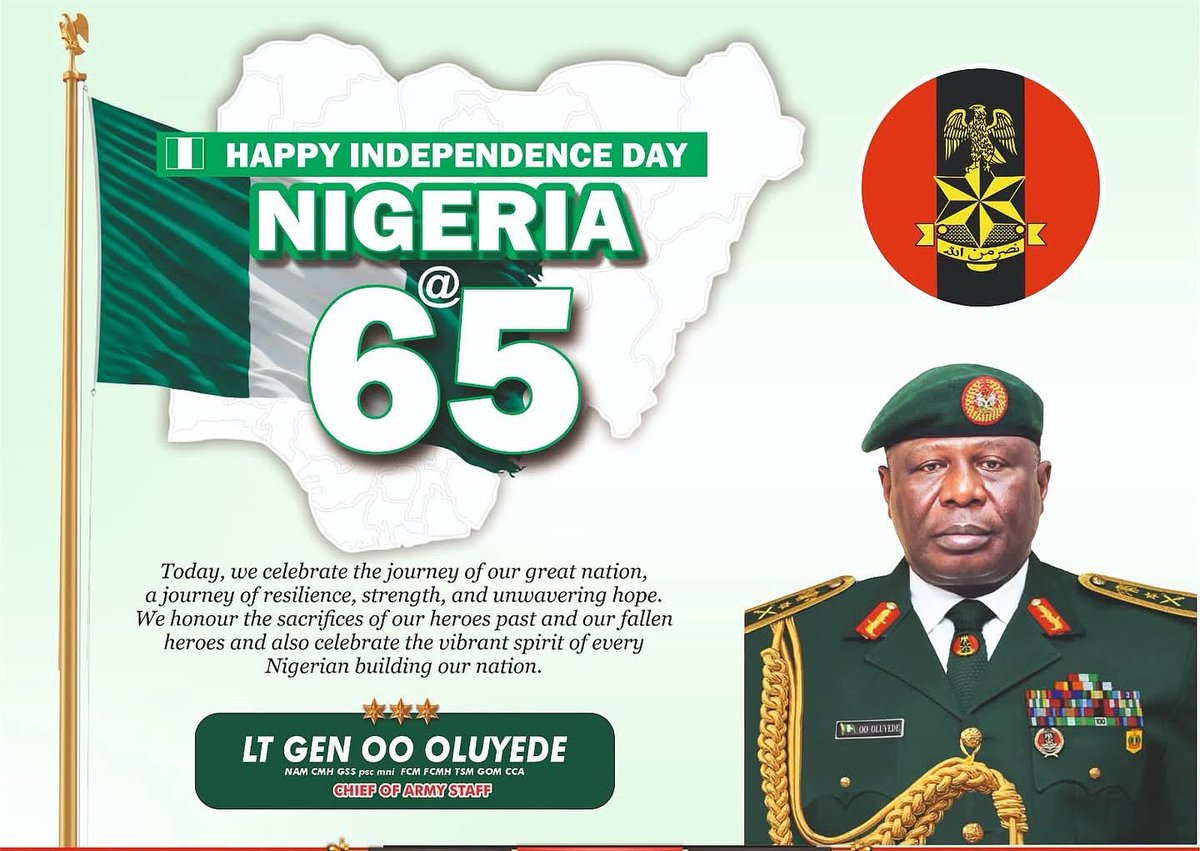 HQNigerianArmy's tweet photo. Happy Independence Day 🇳🇬 #Nigeria@65 https://t.co/FCf1QiEX2K