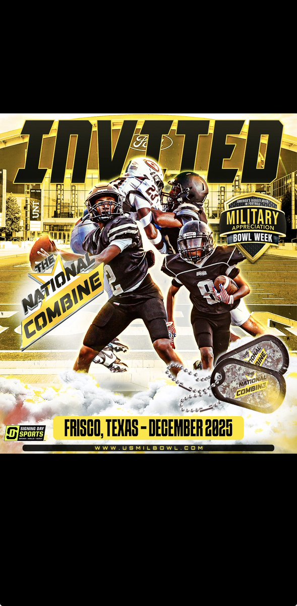 Received my official invite to #TheNationalCombine—thank you <a href="/watchgamefilm/">WatchGameFilm.com</a>, <a href="/GregCooperUSA/">Sr. Nat’l Director | Military Appreciation Bowl</a> &amp; <a href="/USArmyBowl/">Military Appreciation Bowl Week</a>
<a href="/Gwheel39/">Gary Wheeler Jr.</a> #AGTG