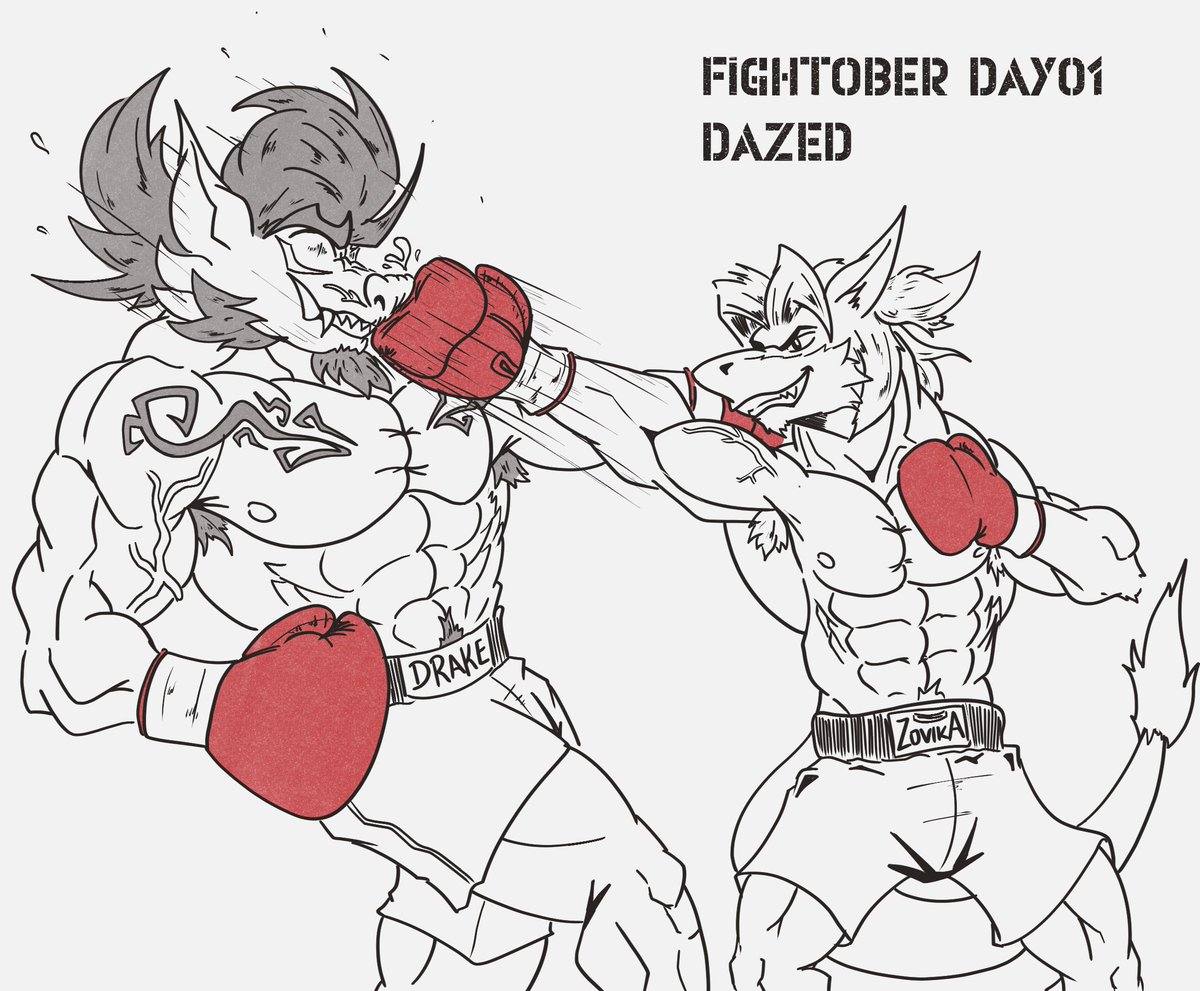 Welcome all to the new #Fightober2025 ! Let's hope I can have a good start and make it to the end~

First featuring Zovika vs the legendary Drake as the Sergal gave the dragon a powerful jab making him dazed.

Drake belongs to <a href="/kidrhinoboy/">BliRhinoman!</a> 
#FFF