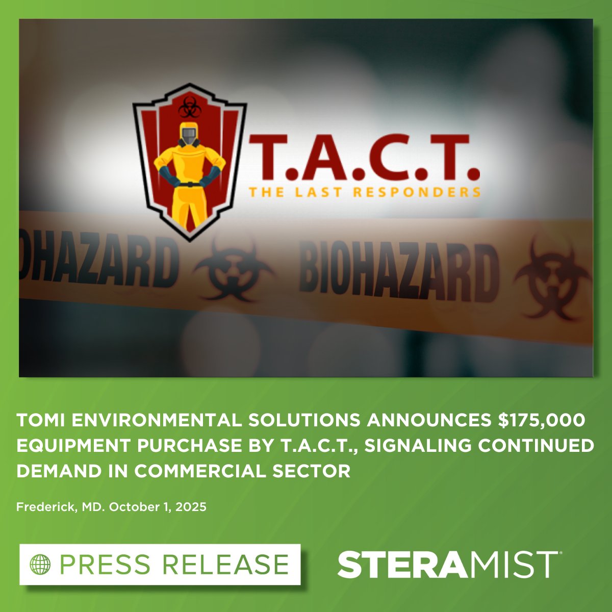 TOMIMist's tweet photo. PRESS RELEASE: TOMI Environmental Solutions Announces $175,000 Equipment Purchase by T.A.C.T., Signaling Continued Demand in Commercial Sector ➡️ https://t.co/GxdeqfBRUx

$TOMZ #TACT #Remediation #Biohazards #Mycotoxins #Mold https://t.co/ZbICGX7VU1