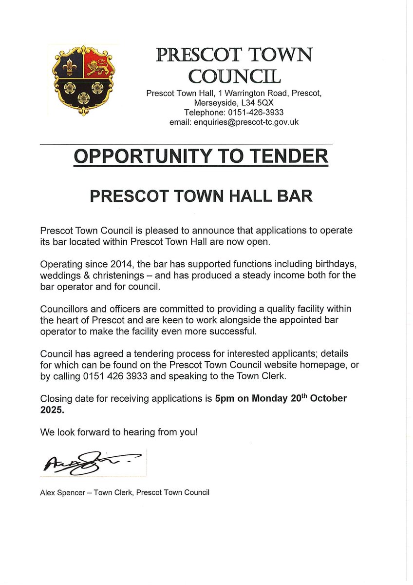 🍺🍷🥂🍾
OPPORTUNITY TO TENDER FOR PRESCOT TOWN HALL BAR
🍺🍷🥂🍾
Prescot Town Council is pleased to announce that applications to operate its bar located within Prescot Town Hall are now open.
More info on this opportunity can be found on our website.
prescot-tc.gov.uk/opportunity-to…