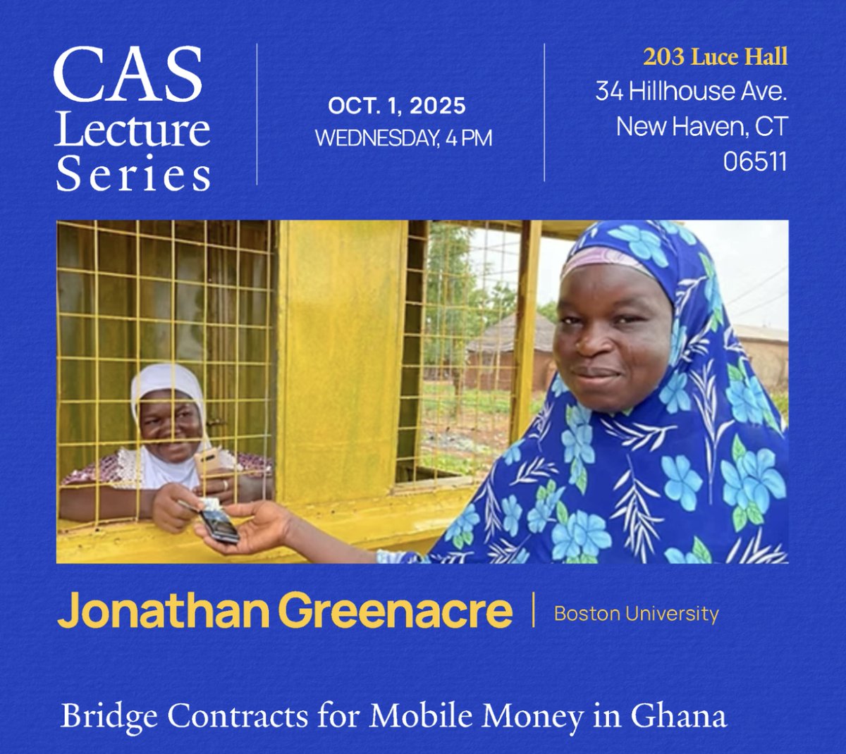 Yale_CAS's tweet photo. Join us today at 4pm for another CAS Lecture! This week, we welcome Jonathan Greenacre, an Assistant Professor at Boston University. We are looking forward to hearing from Dr. Greenacre! https://t.co/trIrp93ux1