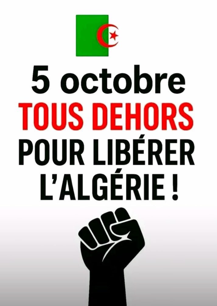 Hirak_Movement's tweet photo. 🛑 شباب 🇩🇿 #GENZ213 يستيقظ من السبات.
✅دعوة الشباب الجزائري على غرار الشباب النيبالي 🇳🇵 و المغربي 🇲🇦 إلى الخروج مجددا يوم الجمعة 3 أكتوبر 2025 إلى الشارع في خطوة يصفها كثيرون بمحاولة إحياء روح #الحراك_الشعبي الذي هز البلاد سنة 2019 وأسقط مشروع العهدة الخامسة👇#GENZ212 #GENZ977 https://t.co/cRYGzLezao