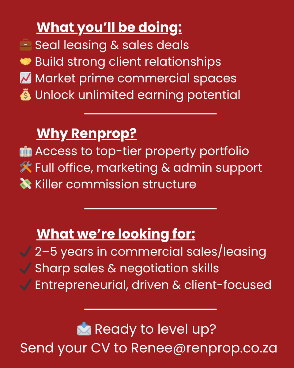 RenpropSA's tweet photo. 🚨 We're Hiring!

Renprop is looking for Commercial Property Brokers to join our powerhouse team!

💼 Close deals
🤝 Build client relationships
📈 Market top commercial spaces
💰 Earn big with no limits
📩 Send your CV to Renee@renprop.co.za

#Renprop #Hiring #CommercialProperty https://t.co/bsGsXQLm6l